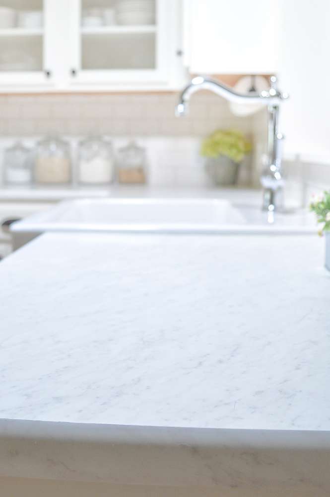 farmhouse style kitchen closeup of faux marble laminate counters