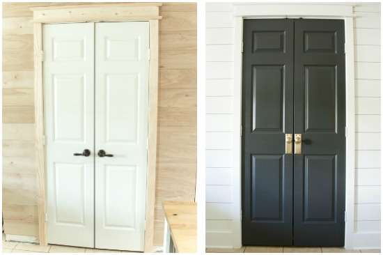 black pantry doors / Sherwin-Williams Iron Ore painted door